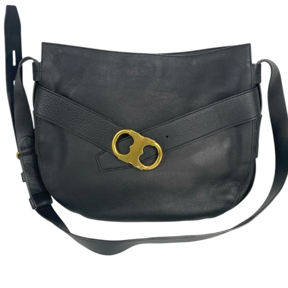 Tory Burch Gemini Belted Shoulder Bag Black Pebbled Leather Minimalist